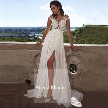 

Sexy Long Cheap Boho Wedding Dresses 2020 with Split Chiffon Sheer Neck Lace Appliques Cheap Bridal Gowns