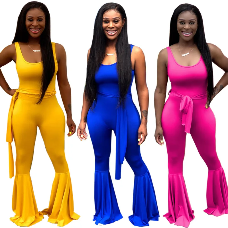 

Women Jumpsuit Sleeveless with Wasit Belt Backless Slim Flare Trousers Yellow Blue Rose Red Female Plus Size Ladies New Rompers