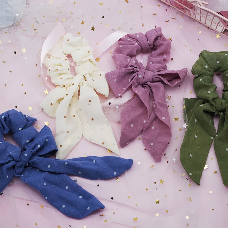 

New Women Elegant Dot Bow Ribbon Yarn Elastic Hair Bands Ponytail Holder Scrunchie Hair Ropes Headband Fashion Hair Accessories