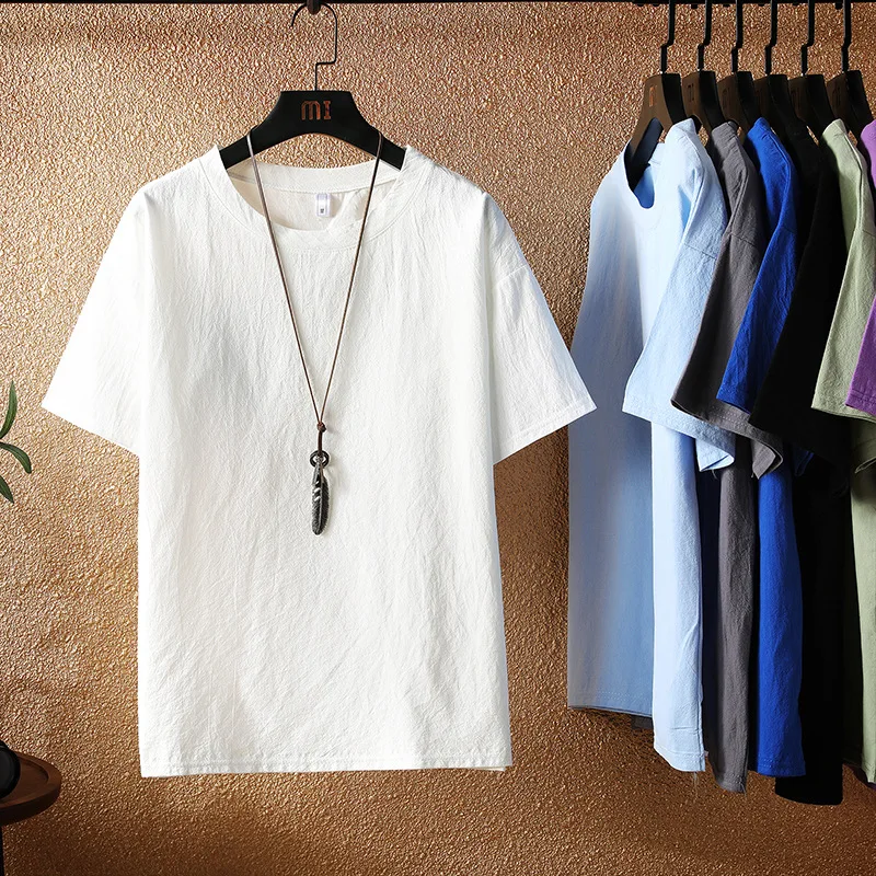 Summer pure color cotton and linen men round collar loose big yards short sleeves |