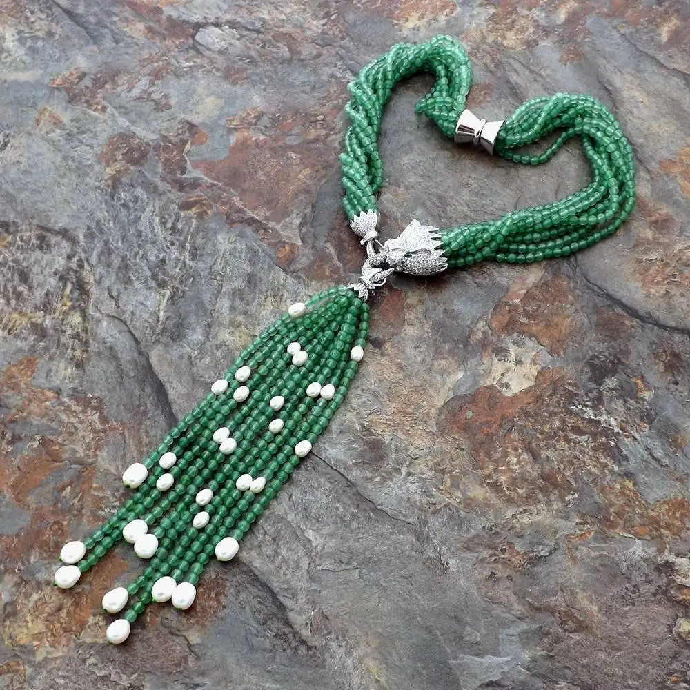 8Strands white freshwater pearl green stone necklace micro inlay zircon accessories leopard head Clasp Tassel pendant
