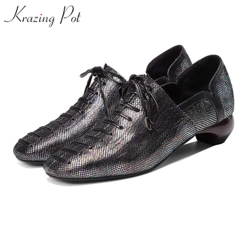 

Krazing pot 2019 special sheep leather square toe strange med heels deep mouth big size handmade gorgeous art design pumps l93