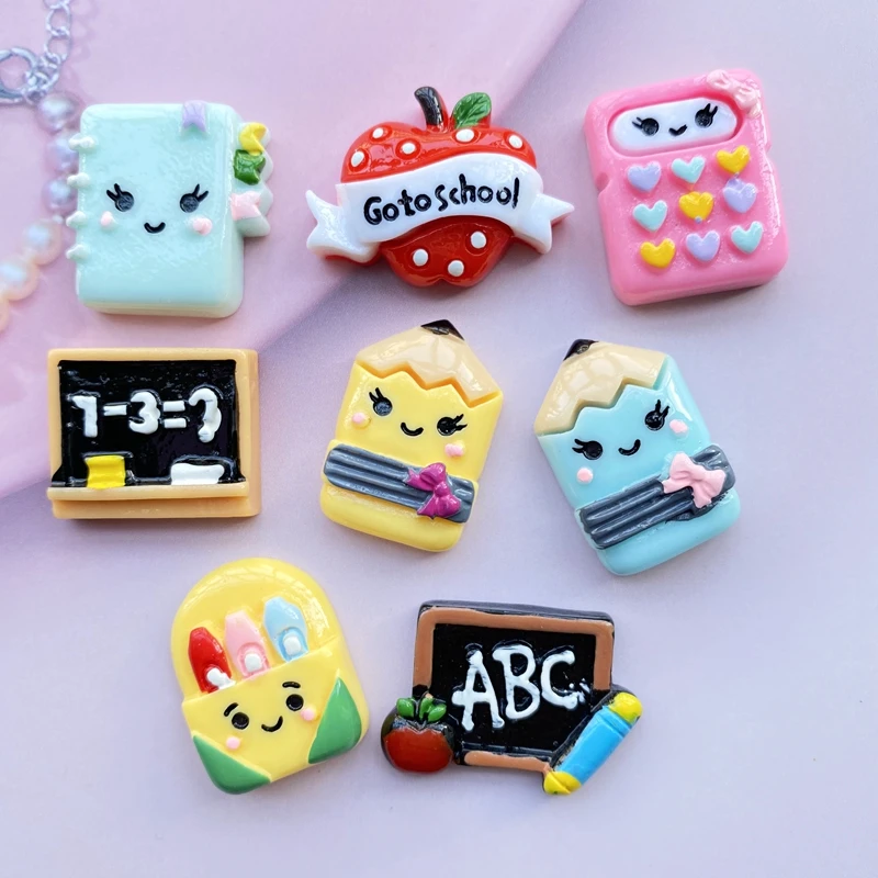8pcs/Lot Hand Painted Kawaii Resin Mixed Mini Stationery Flatback Cabochons For Hair Bow Centers DIY Scrapbooking Decor D40