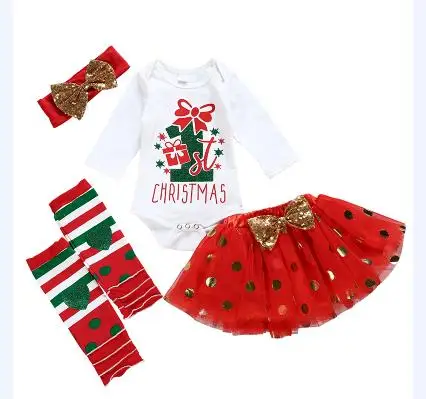 Рождественский комбинезон для новорожденных и маленьких девочек; фатиновое платье в горошек; повязка на голову; одежда; костюм из 4 предметов; комплект одежды для вечеринок