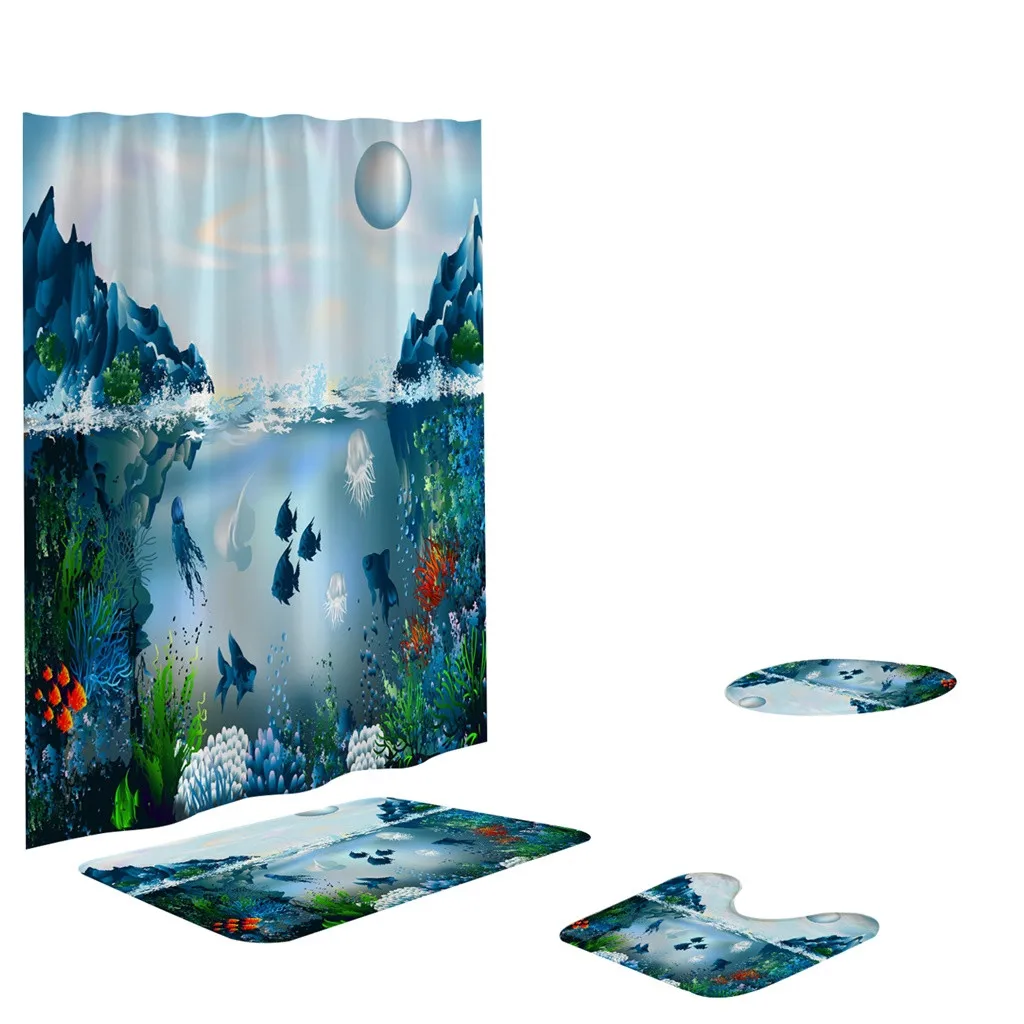 

4PCS High Quality Sea Fish Non Slip Toilet Polyester Cover Mat Set Bath Mat Rug Set Bathroom Accessories Shower Curtain