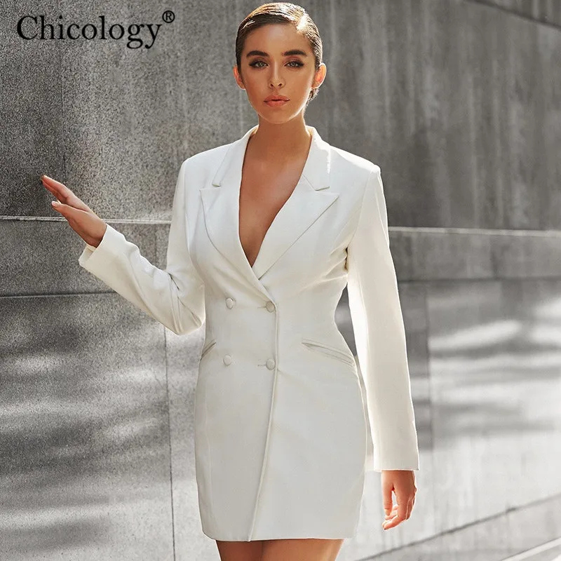 Chicology double breasted elegant office lady blazer dress long sleeve American jacket suit summer autumn women clothing