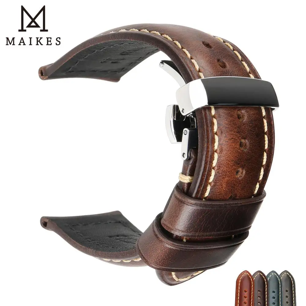 

MAIKES Calf Genuine Leather Watch Strap 24mm Stainless steel butterfly clasp Smart watch universal strap Dark Brown Watchbands