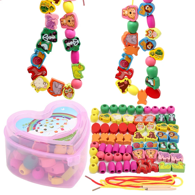 50 unids/set cuentas de Madera Juguetes Fruta de dibujos animados abalorios de animales cuerda juego para enhebrar cuentas educación juguetes para niños de regalo de Navidad