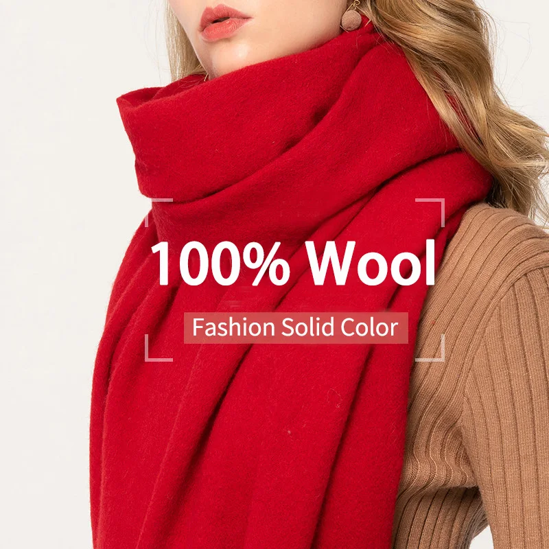 Winter 100% Wool Scarf For Women  Solid Echarpe Tassels Wool Shawls Warm Red Foulard Femme Sheep Cashmere Scarves For Ladies