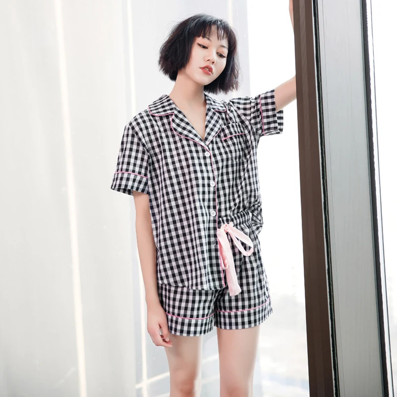 

Pajamas Women's Summer Suit Pure Cotton Short-sleeved Ladies Black Lattice Loose Casual Thin Section Home Clothes Two-piece Suit