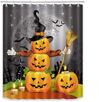 

Halloween Pumpkin Magic Hat Ghost Broom Waterproof Polyester Fabric Shower Curtain Set Bathroom Curtain