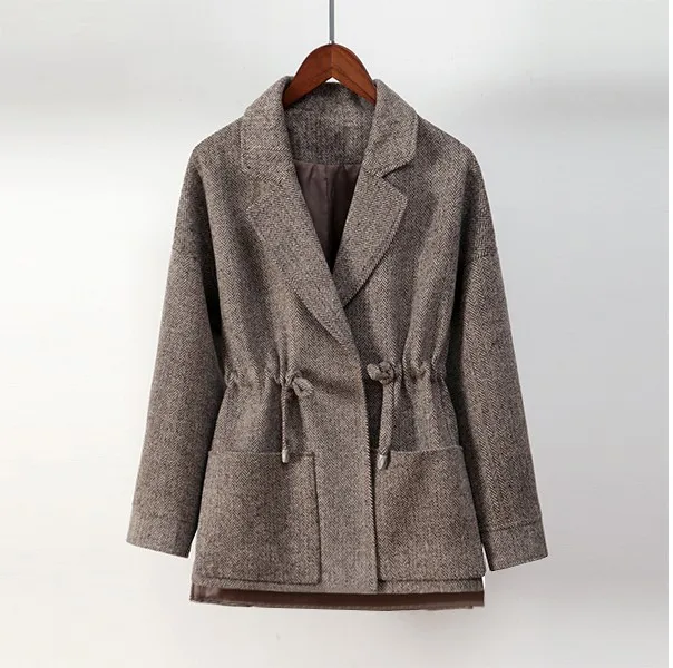 Осень и зима, стиль, Короткое шерстяное пальто в елочку, корейский стиль, свободный крой, Женское пальто в стиле Гонконга, короткий рост, ретро