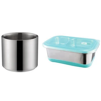 

1Pcs Fine Stainless Steel 2 Layer Lunch Box & 1Pcs Double Stainless Steel Mug Summer Cold Drink Juice Cup
