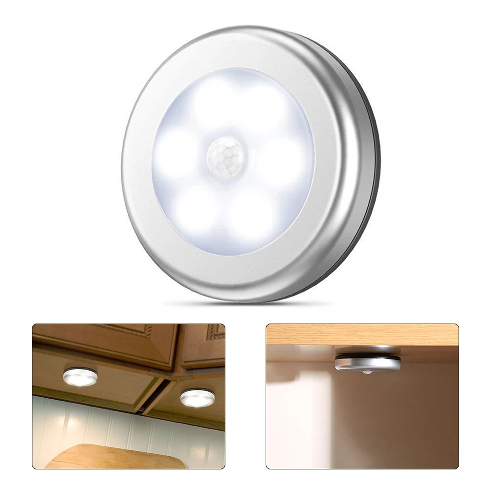 

6leds PIR Under Cabinet Led Light Motion Sensor Lamp AAA Box Induction Round Cabinet Cupboard Wardrobe Bed Staircase Night Light