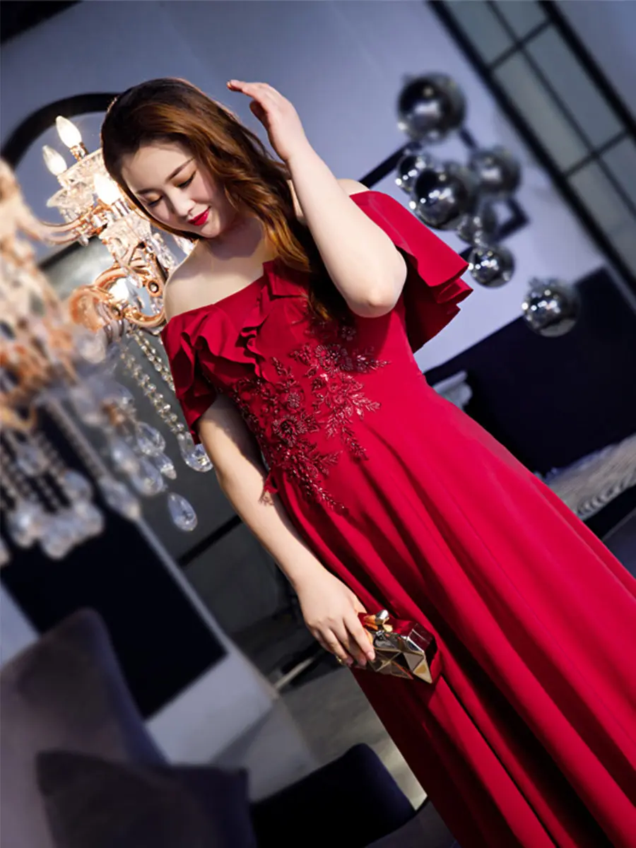 Вечерние платья размера плюс с открытыми плечами Robe De Soiree T538 Бордовые женские вечерние платья с вырезом лодочкой элегантные платья для выпускного вечера