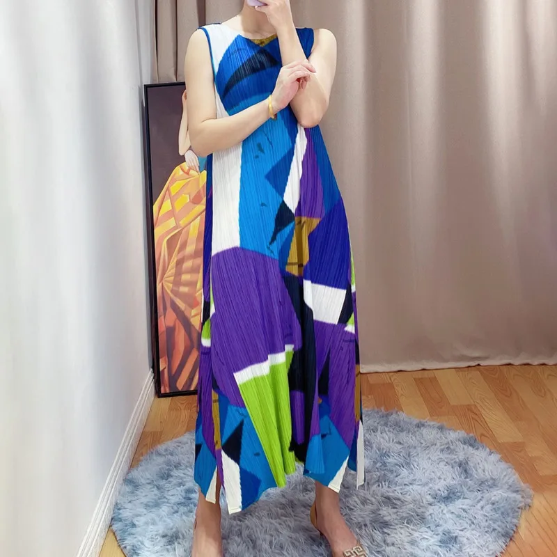 [DEAT] 2020 New Summer Fashion Pleated Dress Women Hit Color Print Csaul Sleeveless Loose Over Size Elegant Round Collar TX069