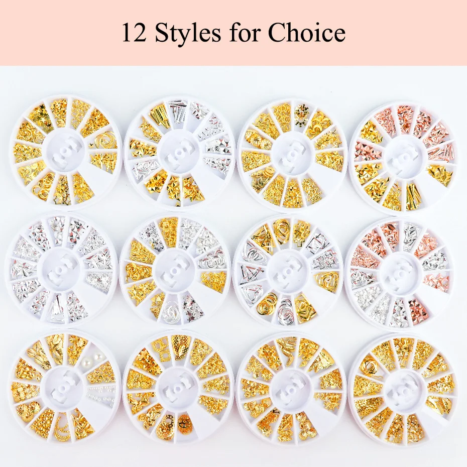 1 Wheel Gold Silver Hollow Nail Decorations Jewelry Mixed Design Metal Rivets Irregular Studs Strass Manicure Accessories 6