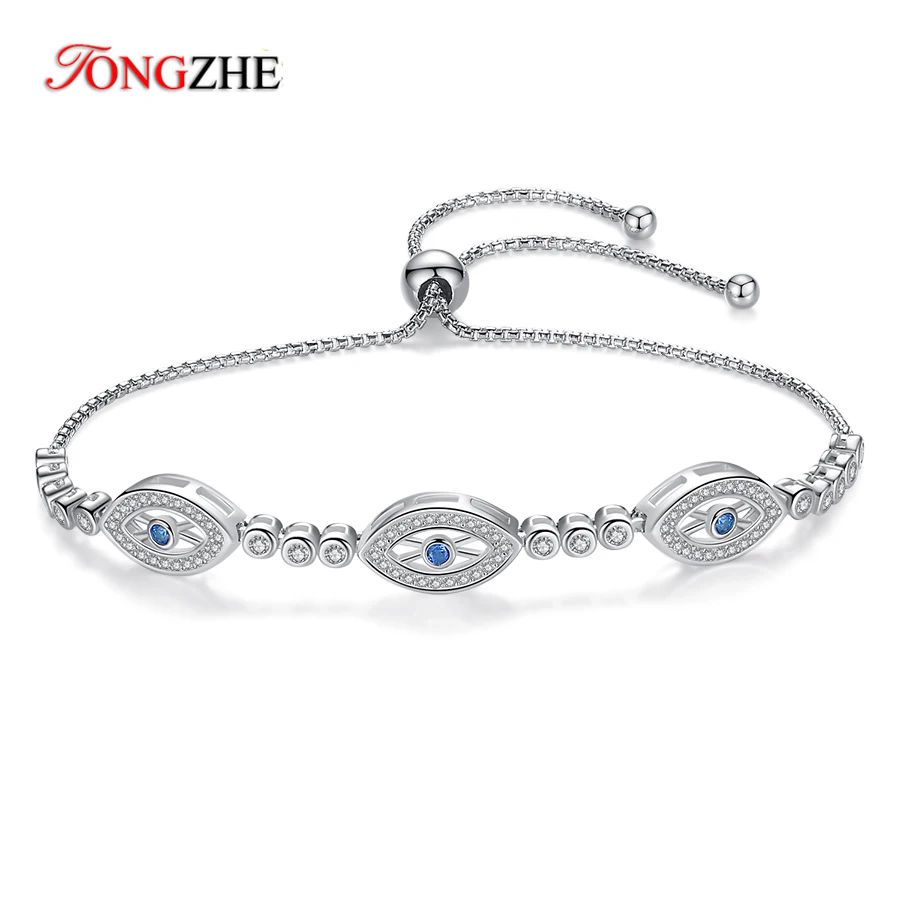 

TONGZHE Women Evil Eye Bracelet Lucky Hamsa 925 Sterling Silver Jewelry Gift Luxury Round Blue Eyes CZ Crystal Tennis Bracelet