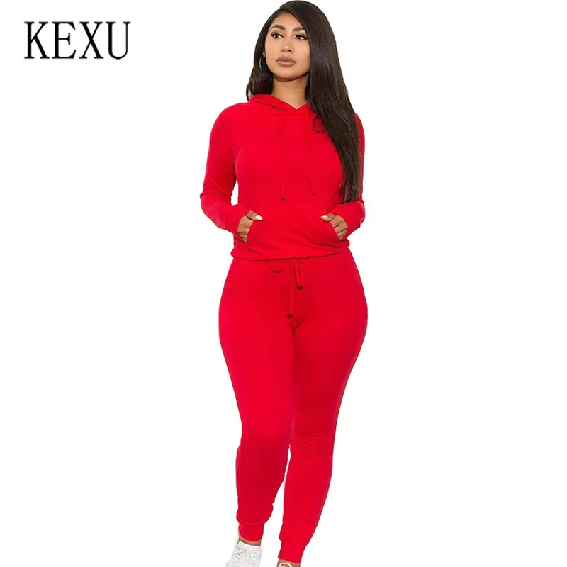 

KEXU Women Long Sleeve Bodycon Jumpsuits Rompers Two Pieces Sets Hooded Female NEW Streetwear Overalls Woman Plus Sixe S-XXL