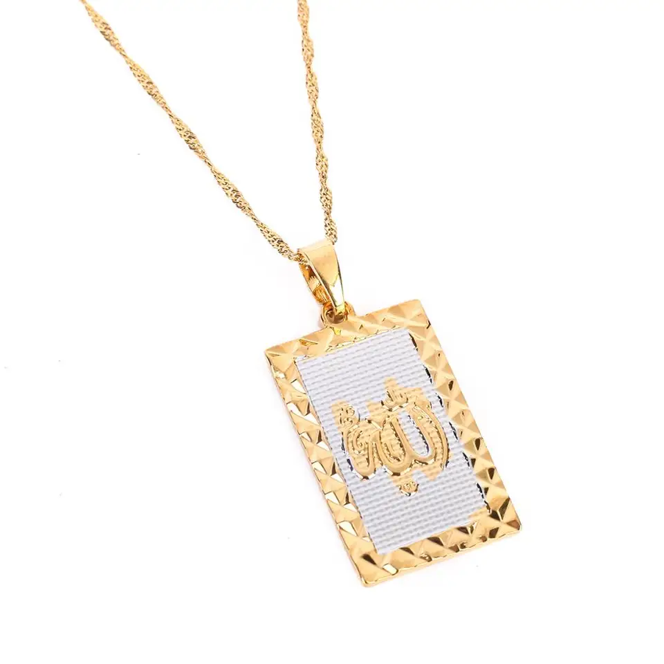 24 Inch Gold Stainless Steel Allah Pendant Necklace With Cubic Zirconia & Round Box Chain - 144G