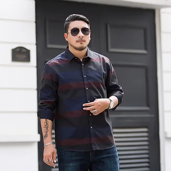 

Autumn Big Size Men's Wear Long Sleeve Shirt Male Plus Fat plus Size Business Leisure Loose Stripes Fat Man Fat Shirt