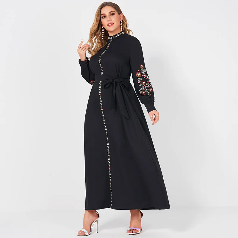 Vestido largo holgado con cuello con soporte pequeño para mujer, vestido negro con cinturón bordado Floral de estilo playero de talla grande