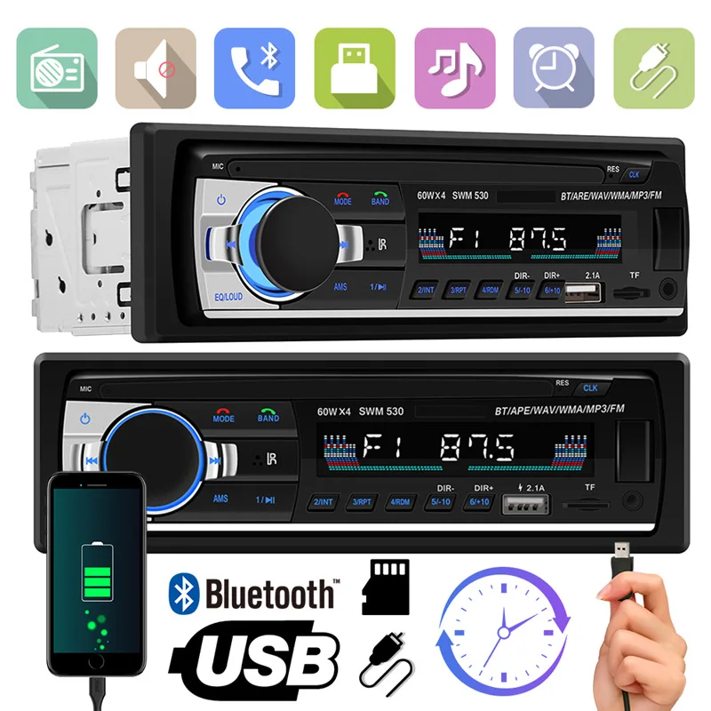 Автомобильный стерео-радиоприемник MP3 FM Аудио плеер один Din 12 в Bluetooth USB SD AUX