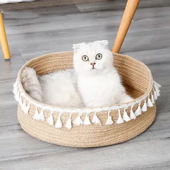 

Round Cat Bed Basket Nest Cotton Rope Woven Pet Sleeping Bed Indoor Cat Scratch Mat Pad Suitable For Puppy Small Dogs