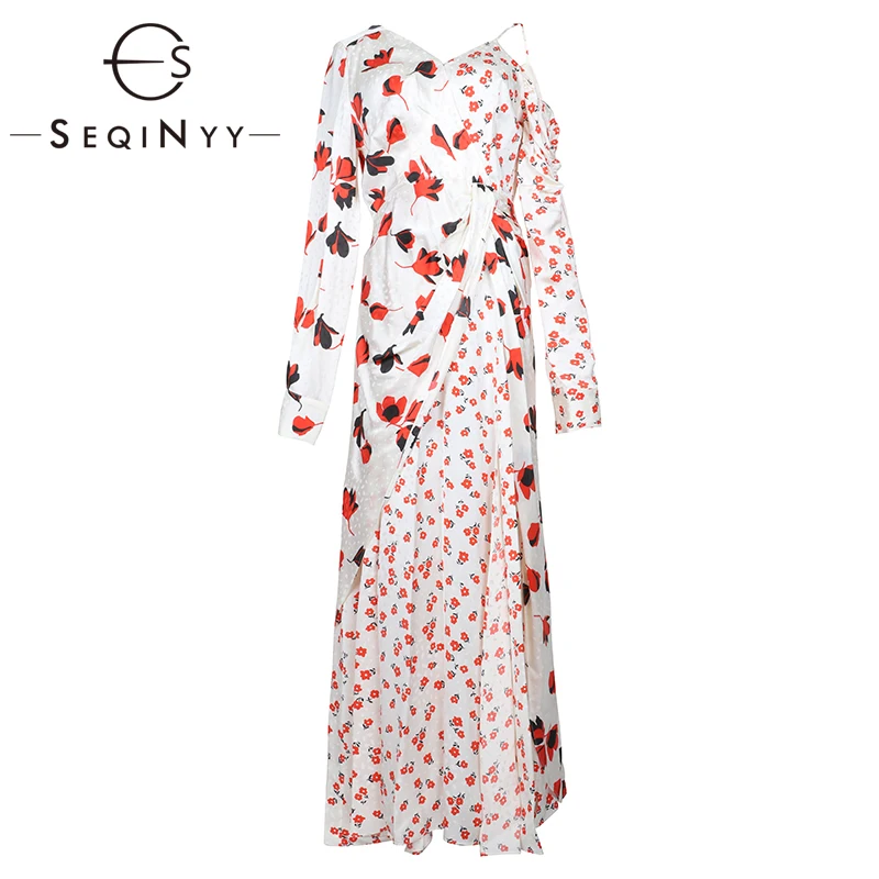 

SEQINYY Elegant Long Dress 2020 Spring Summer New Fashion Design Long Sleeve Draped Women Red Flowers Printed Jacquard Dress