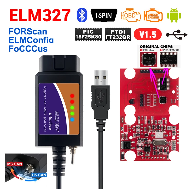 best car inspection equipment ELM 327 USB Bluetooth-compatible Works On Forscan HS CAN /MS CAN V1.5 Car OBD2 Diagnostic Tool ELM327 USB FTDI OBD2 Scanner auto inspection equipment