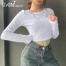 Special Price Metal Chains Patchwork Milkmaid Women's T-shirts Punk Style Vintage White Solid 90s Long Sleeve Cropped Top Tees Girl Iamhotty Special Price Metal Chains Patchwork Milkmaid Women's T-shirts Punk Style Vintage White Solid 90s Long Sleeve Cropped Top Tees Girl Iamhotty