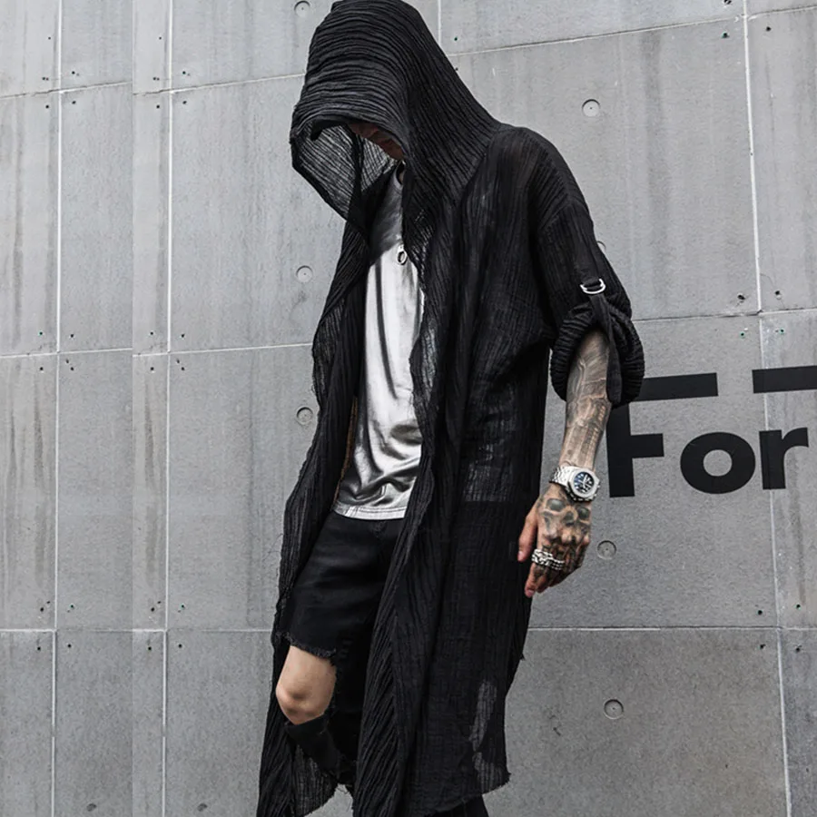 Men Long Sleeve Hooded Cloak Cardigan Linen Oversize Blouse Nightclub DJ Singer Punk Rock Hip Hop Gothic Vintage Streetwear long sleeve shirt men kimono cardigan