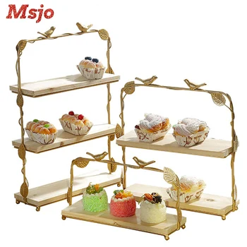 

Msjo Cupcake Display Stand Afternoon Tea Snack Wrought Iron Cake Rack Wooden Tray Wedding Birthday Party Decoration Cake Stand