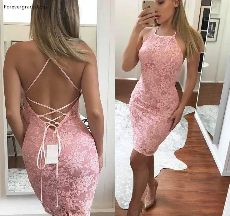 Pink Sheath Mini Short Cocktail Dresses Criss Cross Backless Hater Lace Party Prom Club Wear Gowns 2018  88
