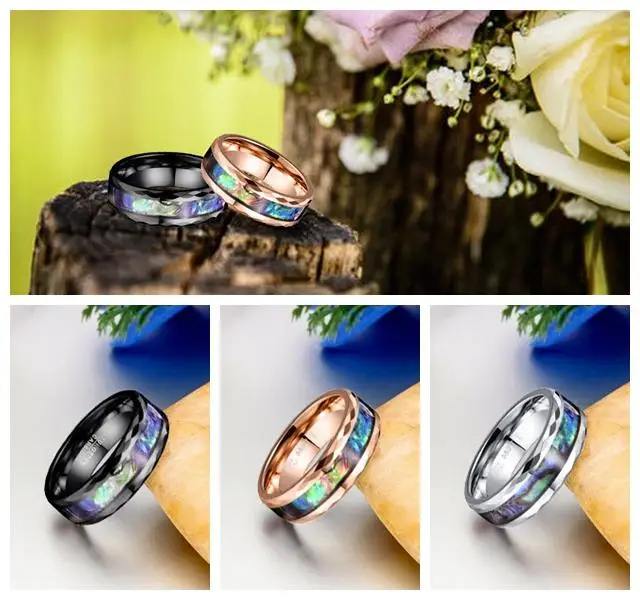 NUNCAD Men's Tungsten Carbide Wedding Band With Opal & Koa Wood – Black Domed Comfort Fit, Size 12.5