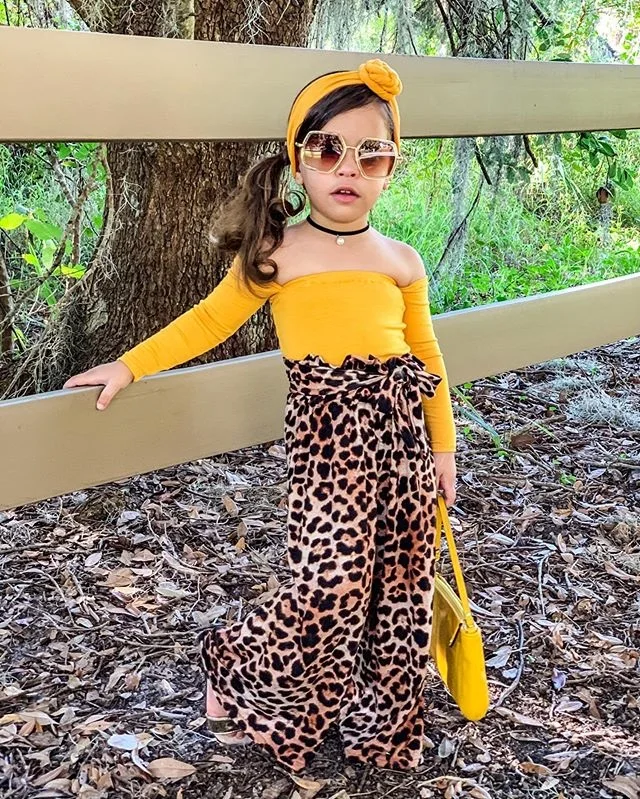 2020 Autumn 3Pcs Fashion Children's Girl Clothes Off Shoulder Tops Leopard Pants Headband Outfits for 1-6Years Toddler Baby | Детская