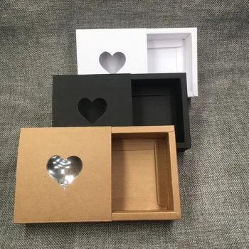 

24pcs/Lot Kraft Paper Drawer Boxes With Transparent PVC Heart Window For Lighter Goods Hold Gift Package Pull Push Drawer Boxes