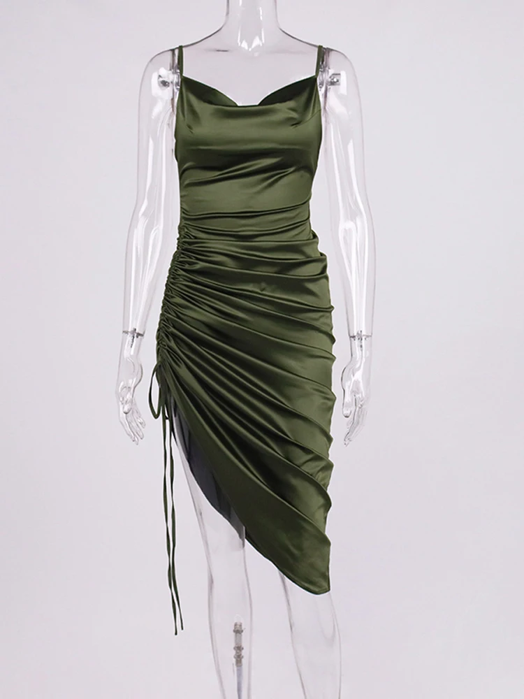 NewAsia Ruched Satin Summer Dress Drawstring Spaghetti Straps Cowl Neck Backless Long Dresses for Women Party Sexy Vestidos 2020