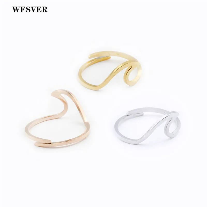 

WFSVER Women Stainless Steel Simple Wave Ring Gold/Silver/Rose Gold Color Opening Adjustable Ring For Female Fashion Jewelry