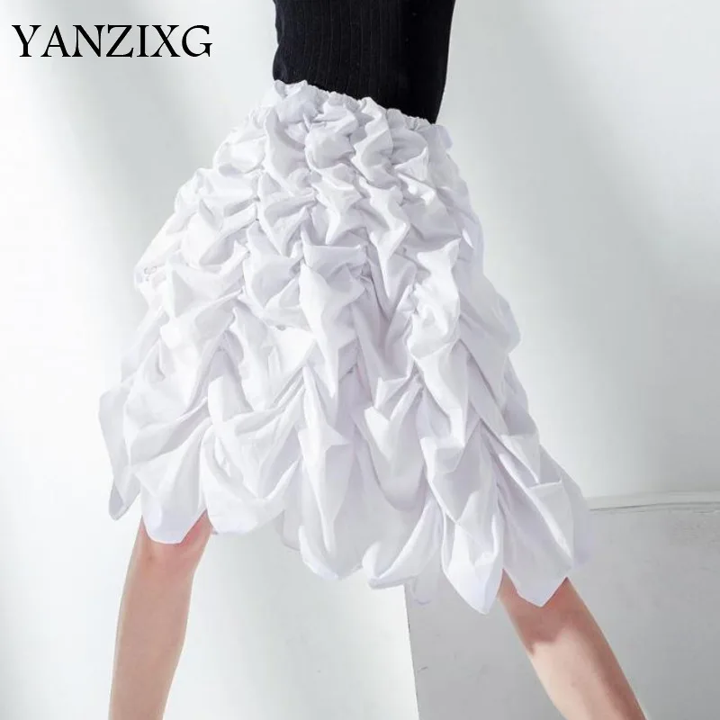 Women Skirt Romantic Wrinkle Skirt Cotton White High Waist Ladies Skirts Retro All Match Black Skirts Summer New E021