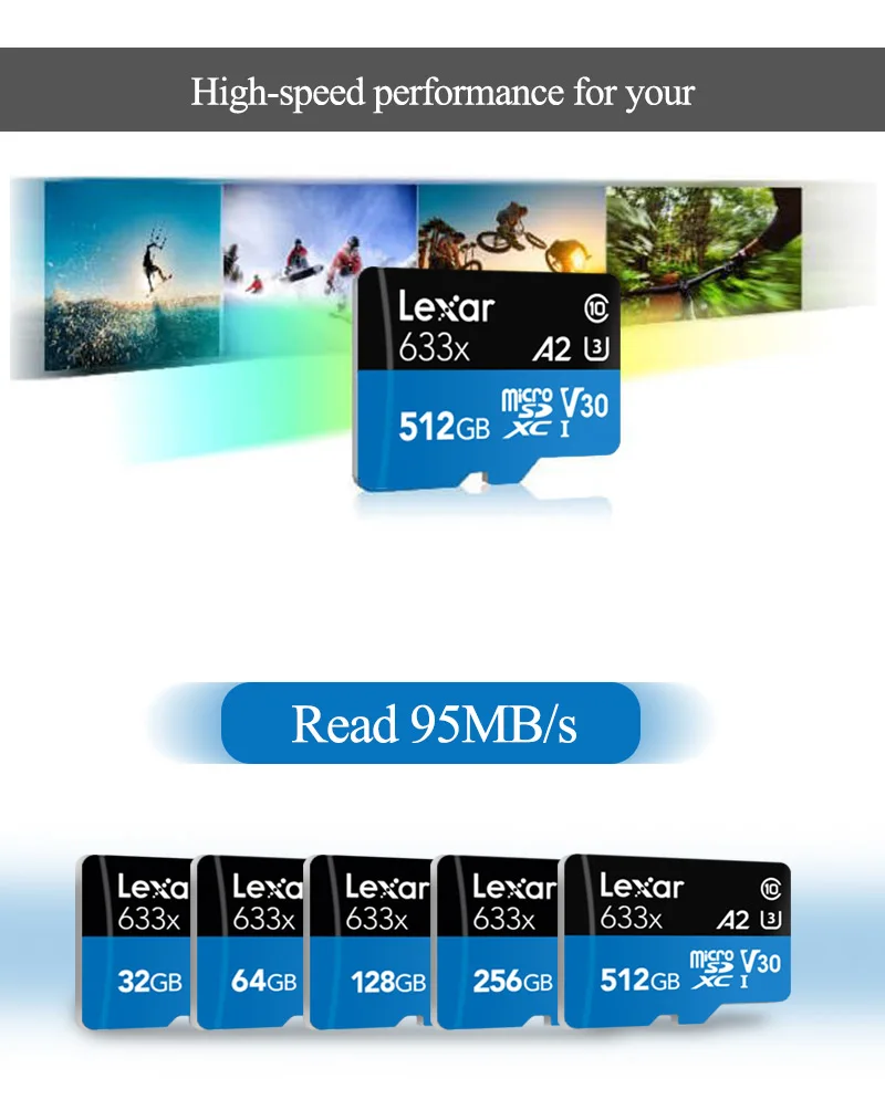 Оригинальный Lexar 128 GB Micro SD Card 64 ГБ и 512 ГБ Памяти высокоскоростная карта до Max 95 м/с Class10 633x32 GB TF флэш-карты