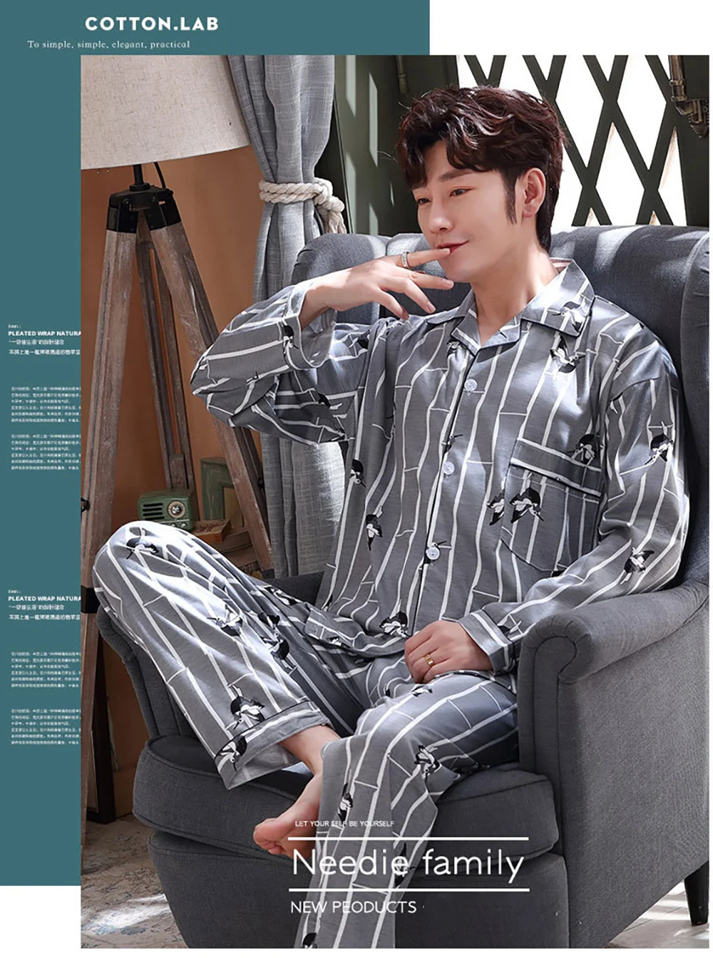 silk pajama set Spring Autumn Pajama Sets Suit Knitted Cotton Casual Long Sleeve Sleepwear Plaid Home Wear Plus Size Comfortable Pajamas For Men mens sleepwear set