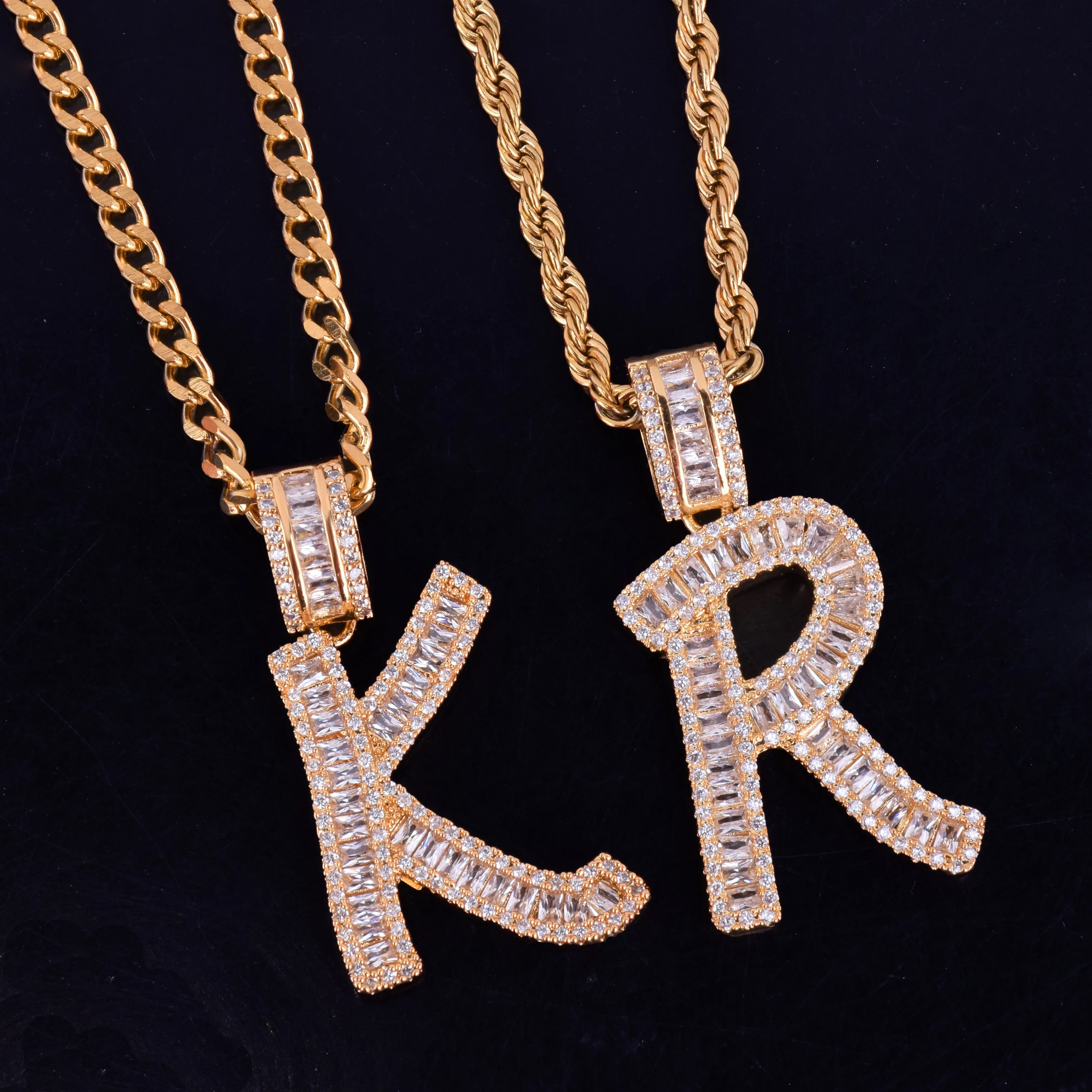 Custom Name Baguette Letters Hip Hop Iced Out Pendant with tennis chain Gold Silver Bling Zirconia Men's Hip Hop Charm Gift