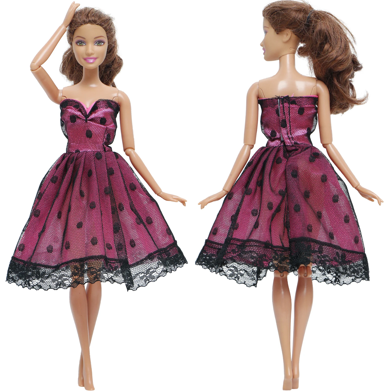 BJDBUS 1 Set Fashion Red Dress Wedding Party Gown Lace Wave Point Skirt Casual Wear Princess Clothes for Barbie Doll Toys