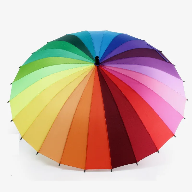 

Hot Sale 24K Rib Color Rainbow Fashion Long Handle Straight Anti-Uv Sun/Rain Stick Umbrella Manual Big Parasol