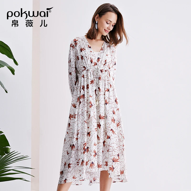 2020 женское Летнее шелковое платье POKWAI 100% свободное Повседневное с цветочным