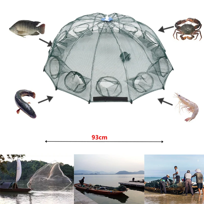 Portable Shrimp Cage Fishing Cage Green Fish Bag Hand Throw Net Fishing Net Durable 12 Holes Practical