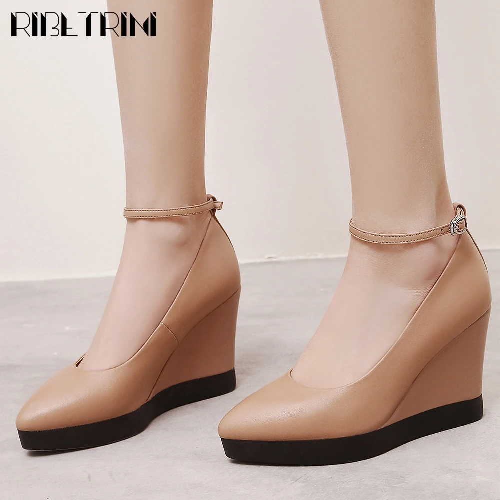 

RIBETRINI 2020 Spring New Ladies Office Cool Shallow Platform Footwear High Wedges Pumps Women Genuine Leather High Pumps