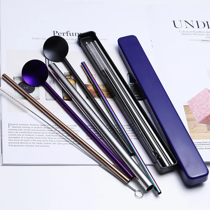 

304 Stainless Steel PVD Titanium Straw Multi-Color-Repeat Utility Straw Set Gift Set Cross Border Stirring Spoon