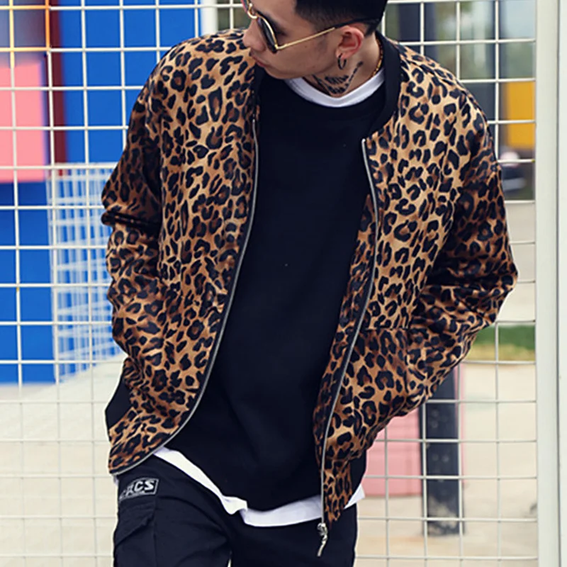 Leopard Print Baseball Jacket Fashion Style Mens Autumn Jacket Classic Personality Hip Hop Coat Nightclub Bar Hairdresser